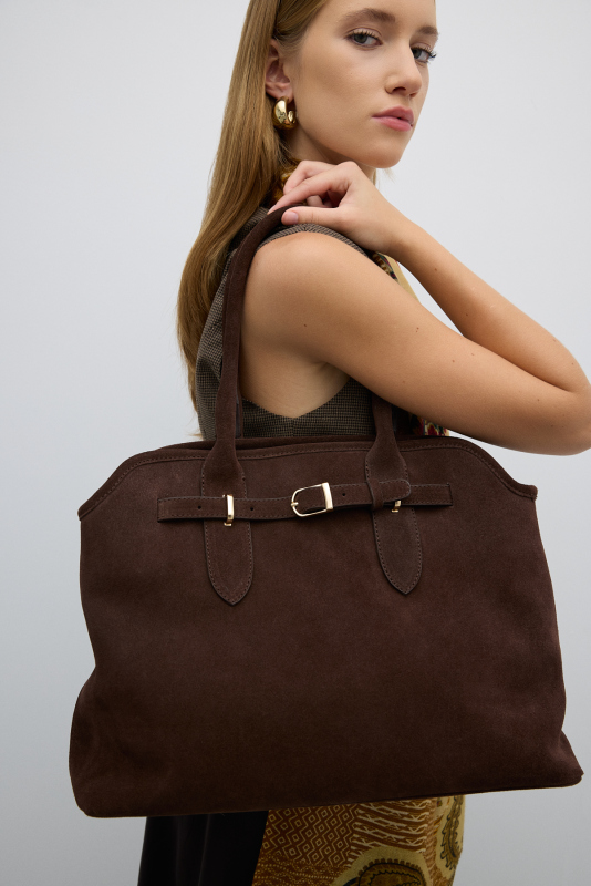 %100 Deri Kemer Detaylı Çanta Acı Kahve - 1