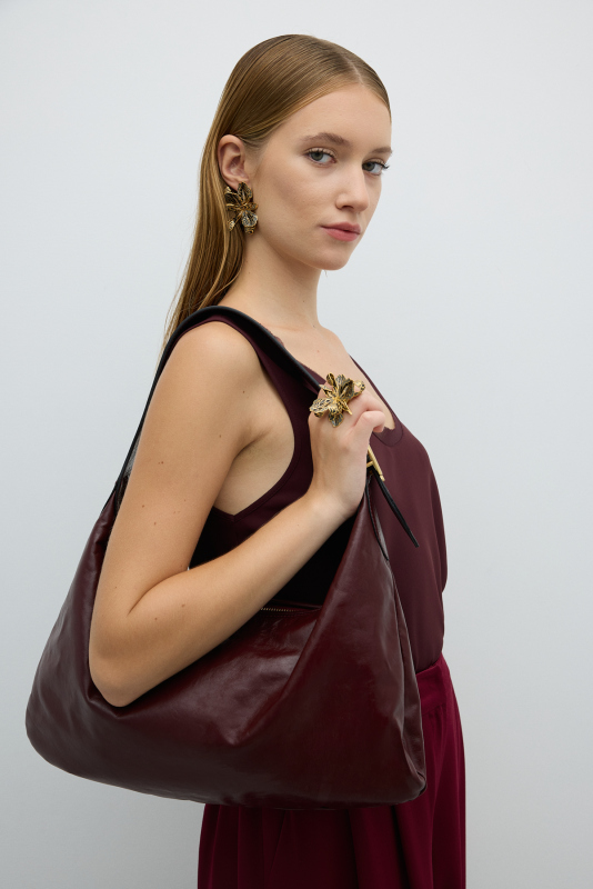 %100 Deri Toka Detaylı Çanta Bordo - Roman