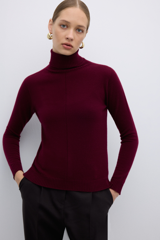 %100 Kaşmir Balıkçı Yaka Triko Bordo - 4