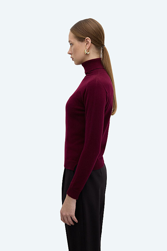 %100 Kaşmir Balıkçı Yaka Triko Bordo - 3