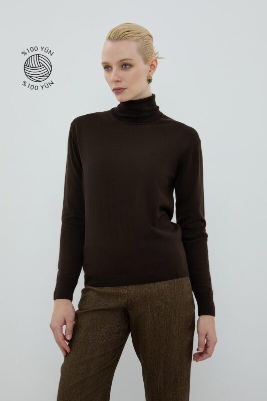 %100 Yün Balıkçı Yaka Triko Kahve 