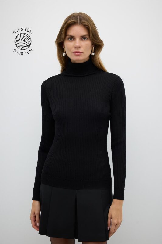 %100 Yün Balıkçı Yaka Triko Siyah - 1