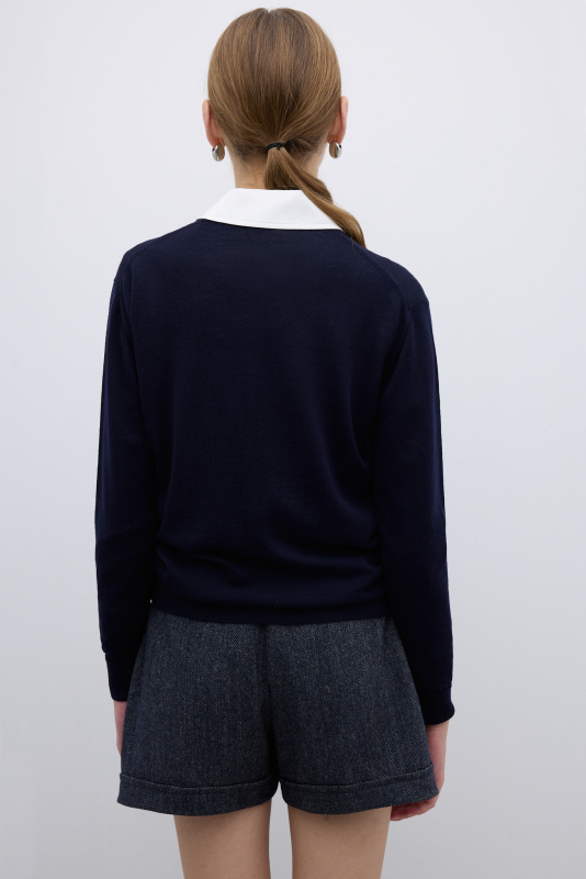 %100 Yün Bisiklet Yaka Triko Lacivert - 2