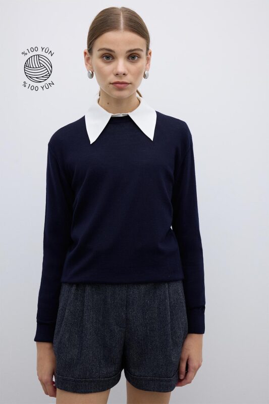 %100 Yün Bisiklet Yaka Triko Lacivert - 1