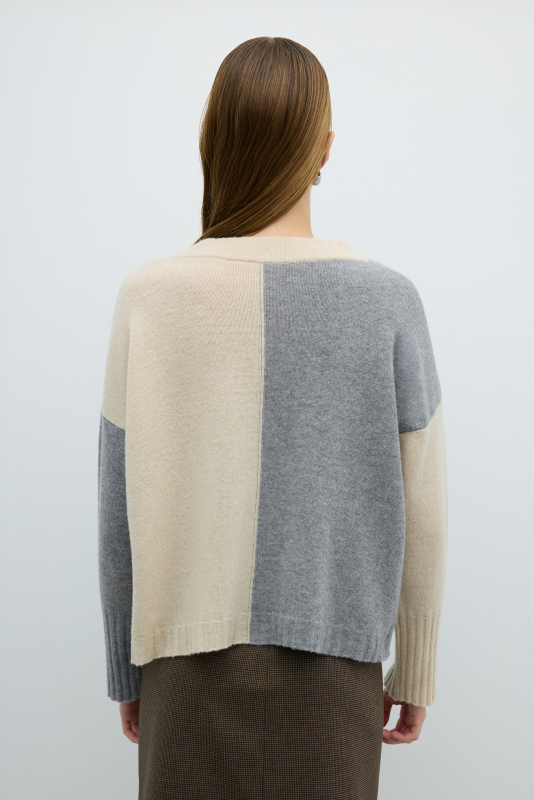 %100 Yün Çift Cepli Triko Gri-Ekru - 2