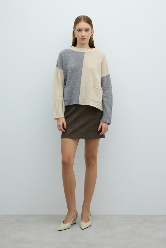 %100 Yün Çift Cepli Triko Gri-Ekru - 3