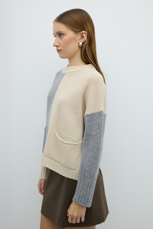 %100 Yün Çift Cepli Triko Gri-Ekru - 4