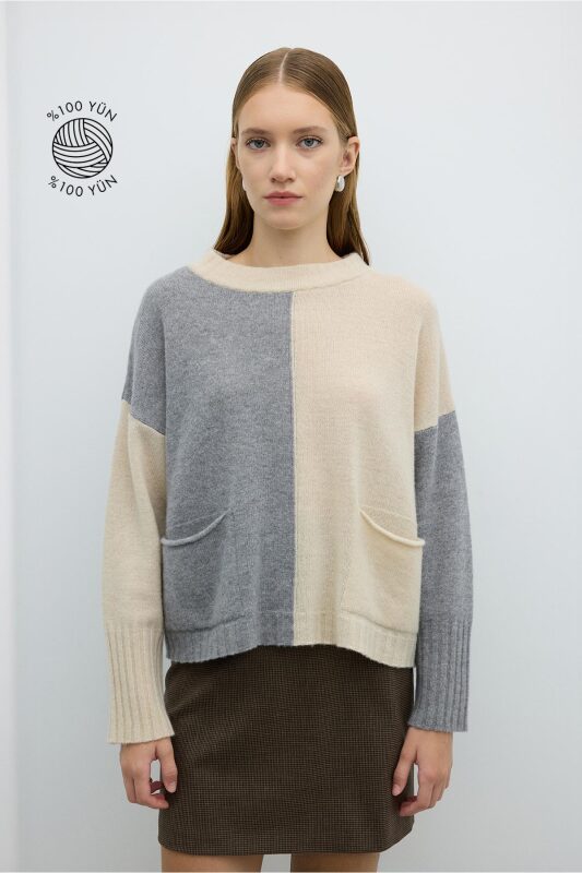 %100 Yün Çift Cepli Triko Gri-Ekru - 1