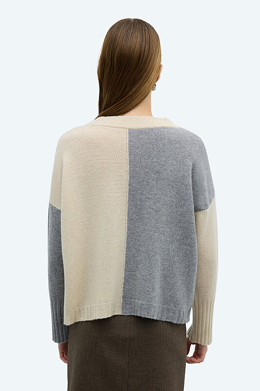 %100 Yün Çift Cepli Triko Gri-Ekru - Roman (1)