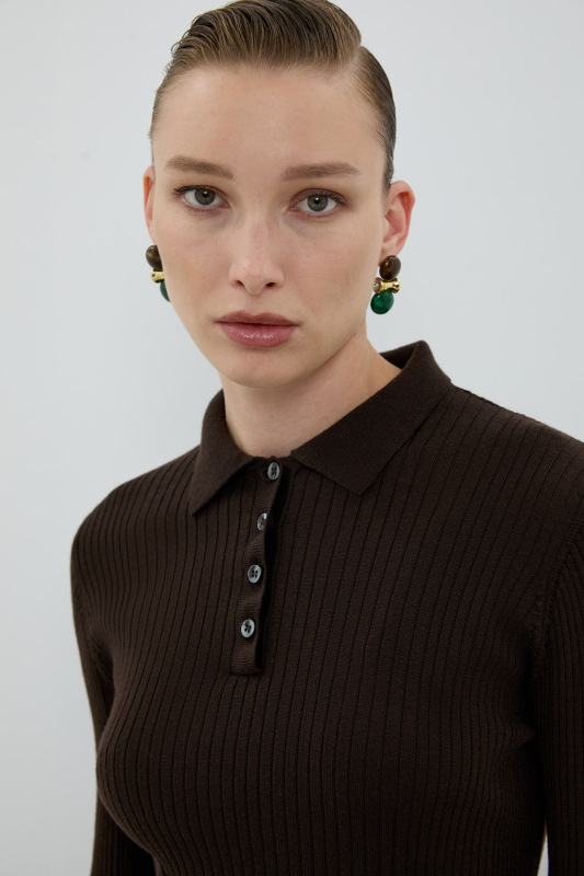 %100 Yün Düğme Detaylı Triko Kahve - 3