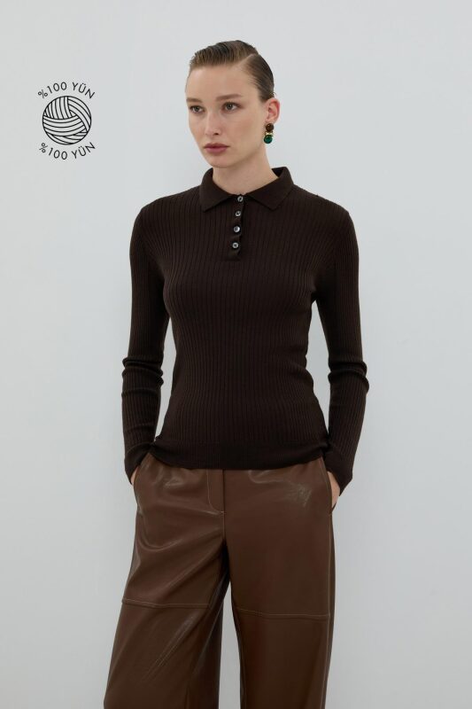 %100 Yün Düğme Detaylı Triko Kahve - Roman