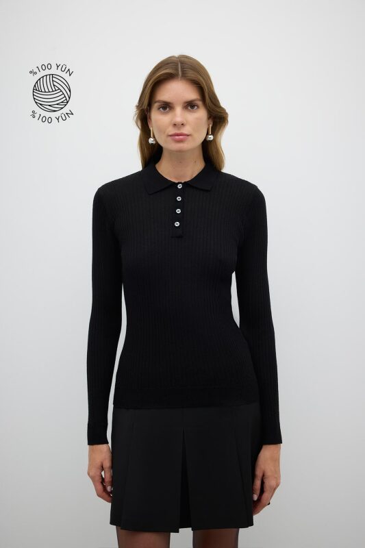 %100 Yün Düğme Detaylı Triko Siyah 