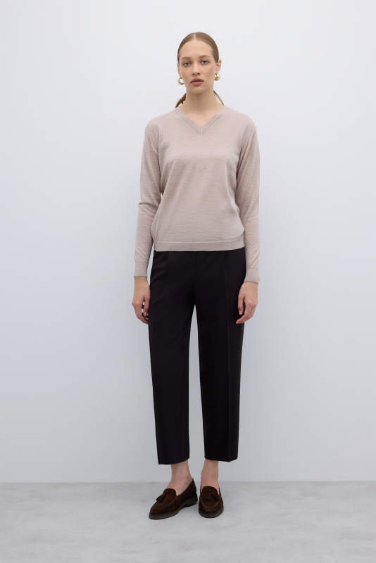 %100 Yün V Yaka Triko Bej - 4