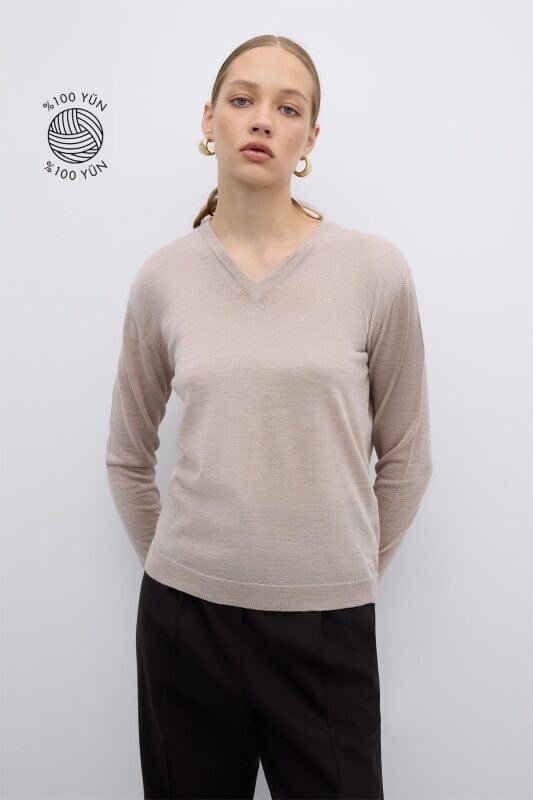 %100 Yün V Yaka Triko Bej 