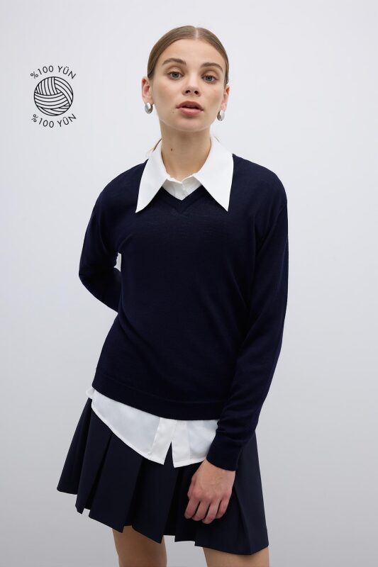 %100 Yün V Yaka Triko Lacivert - 1