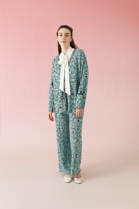 Ajurlu Boru Paça Triko Pantolon Turkuaz-Siyah - 4