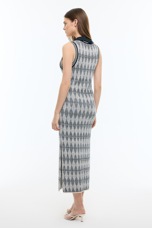 Ajurlu Triko Midi Boy Elbise Siyah-Beyaz - Roman (1)