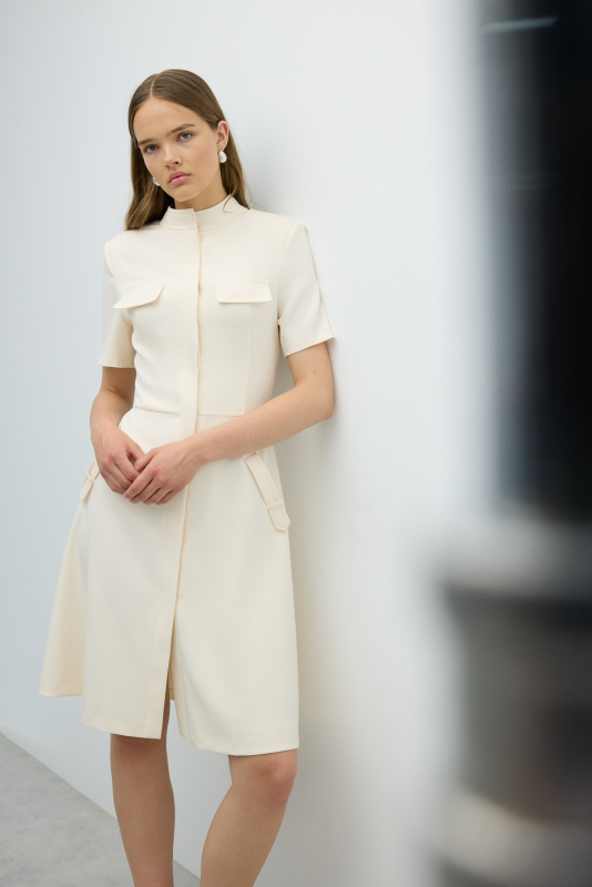 Arka Eteği Pili Detaylı Önden Vatkalı Midi Boy Elbise Ekru - 3