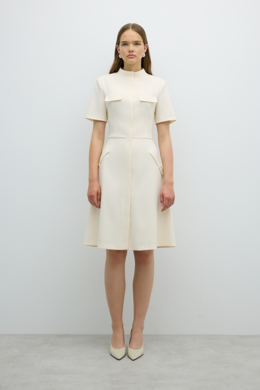 Arka Eteği Pili Detaylı Önden Vatkalı Midi Boy Elbise Ekru - 1