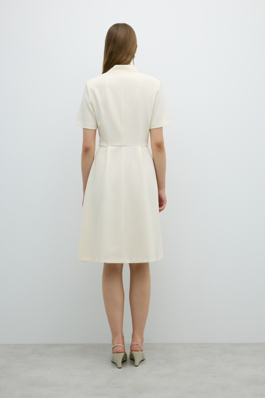 Arka Eteği Pili Detaylı Önden Vatkalı Midi Boy Elbise Ekru - 2