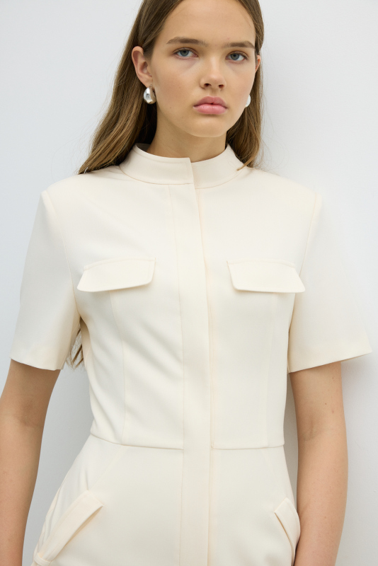 Arka Eteği Pili Detaylı Önden Vatkalı Midi Boy Elbise Ekru - 4