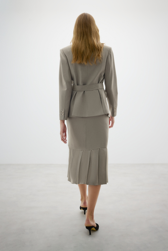 Arkası Pili Detaylı Yün Karışımlı Midi Boy Etek Kum Beji - 5