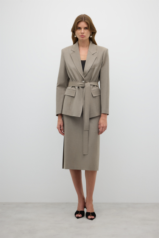 Arkası Pili Detaylı Yün Karışımlı Midi Boy Etek Kum Beji - 4