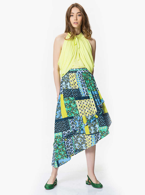 Asimetrik Detaylı Floral Desenli Midi Etek Orginal - Roman