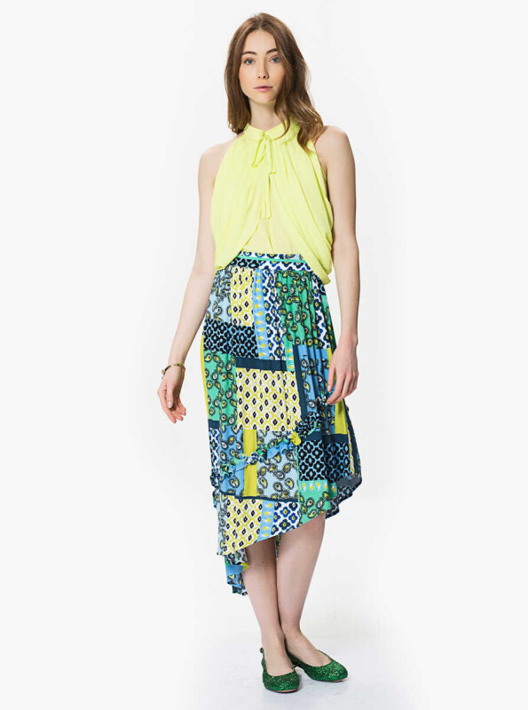 Asimetrik Detaylı Floral Desenli Midi Etek Orginal - 3