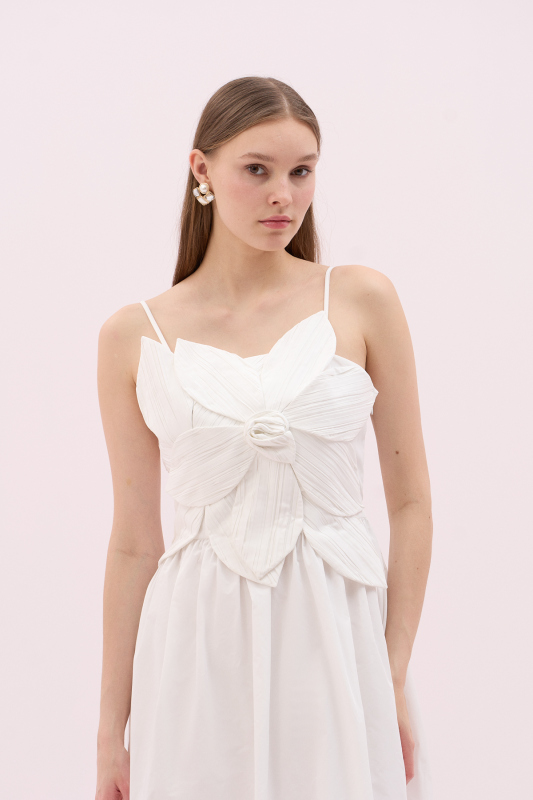 Askılı Çiçek Motifli Midi Boy Tafta Elbise Beyaz - 3