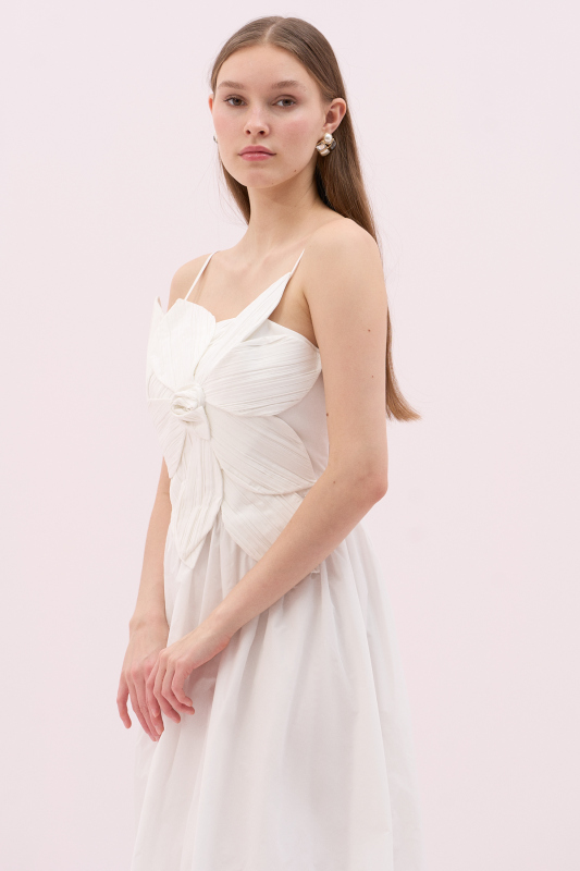 Askılı Çiçek Motifli Midi Boy Tafta Elbise Beyaz - 4