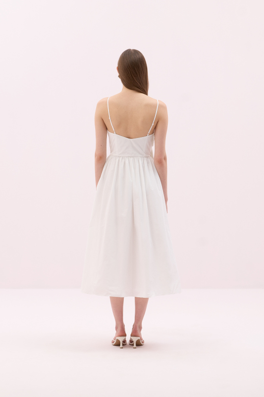 Askılı Çiçek Motifli Midi Boy Tafta Elbise Beyaz - 2