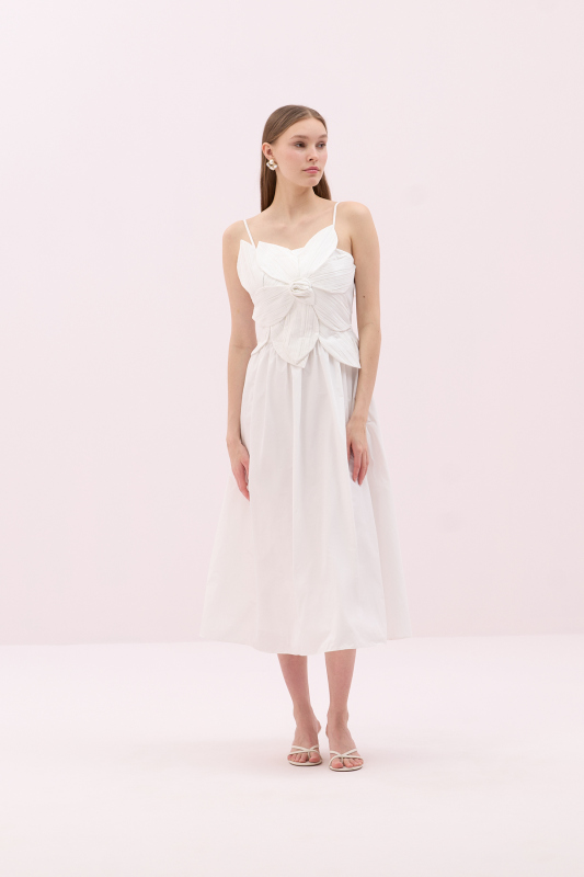 Askılı Çiçek Motifli Midi Boy Tafta Elbise Beyaz - 1