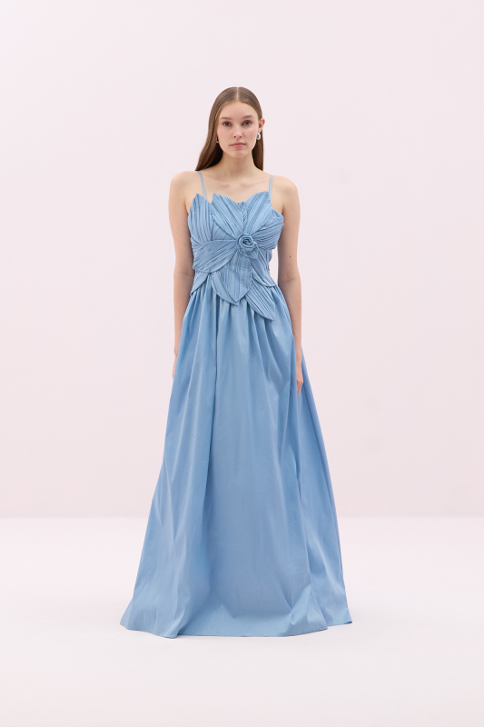 Askılı Çiçek Motifli Tafta Elbise Mavi - 1