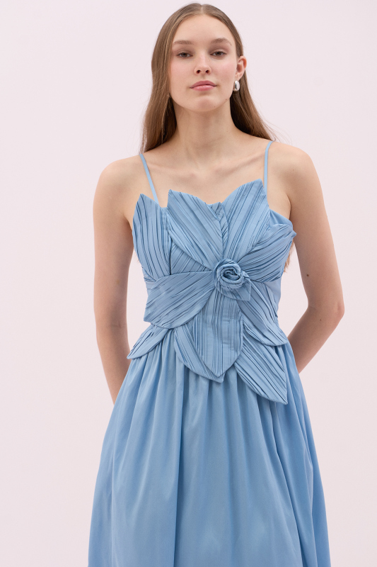 Askılı Çiçek Motifli Tafta Elbise Mavi - 3