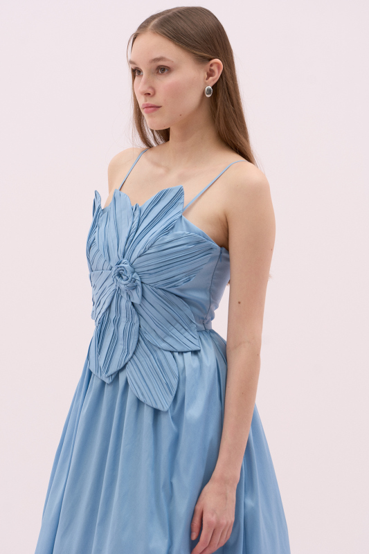 Askılı Çiçek Motifli Tafta Elbise Mavi - 4