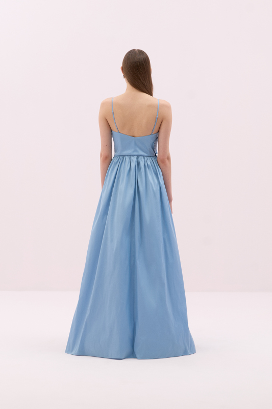 Askılı Çiçek Motifli Tafta Elbise Mavi - 2