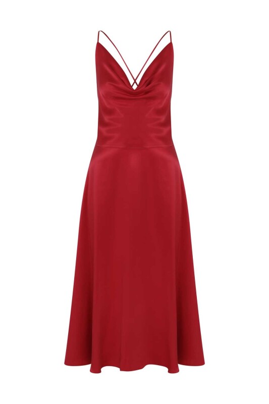  Askılı İpek Abiye Elbise Bordo - 4