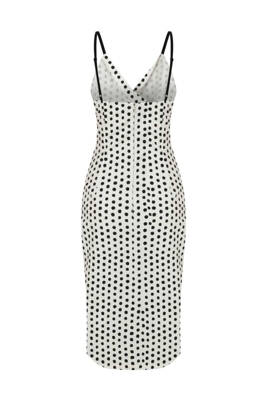 Askılı Puantiyeli Abiye Elbise Siyah-Ekru - 5