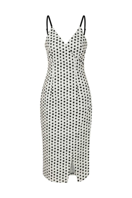 Askılı Puantiyeli Abiye Elbise Siyah-Ekru - 4