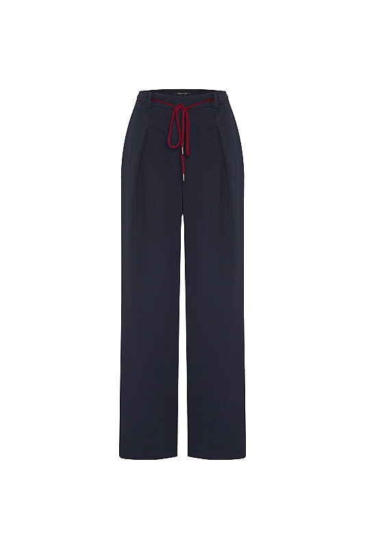 Bağcık Detaylı Pileli Geniş Paça Pantolon Lacivert - 7