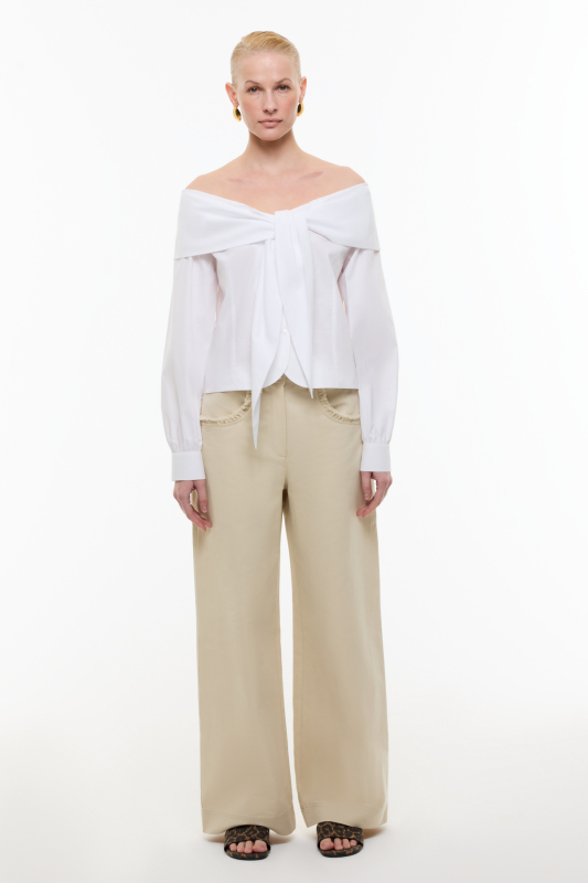 Bağlama Detaylı Madonna Yaka Gömlek Beyaz - 3