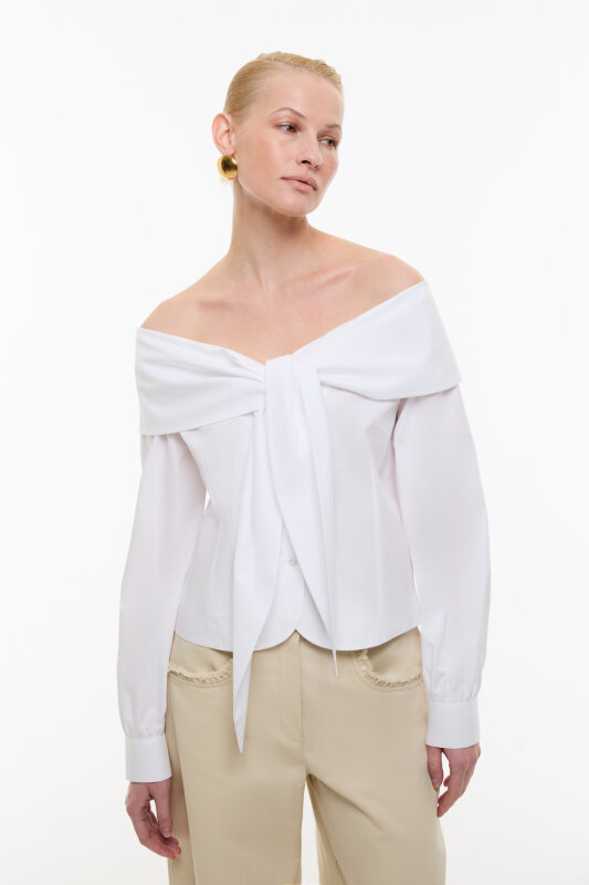 Bağlama Detaylı Madonna Yaka Gömlek Beyaz - Roman