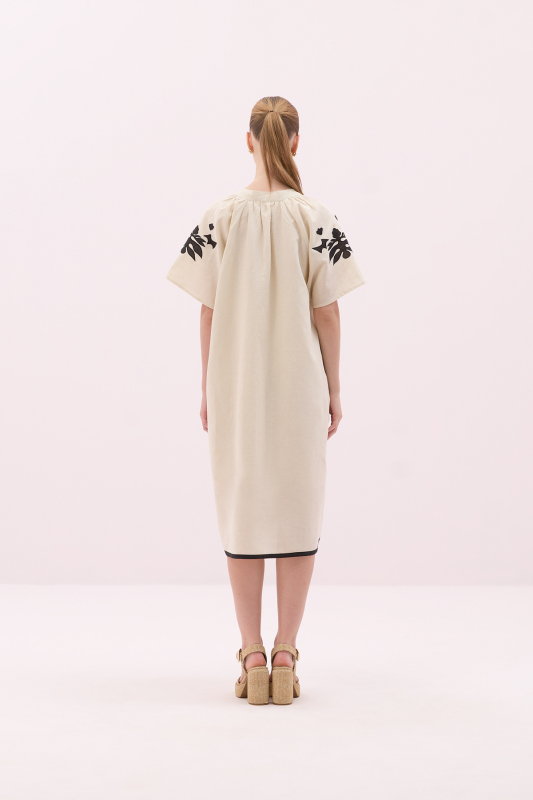 Bağlama Detaylı Nakışlı Midi Boy Elbise Bej- Siyah - 2