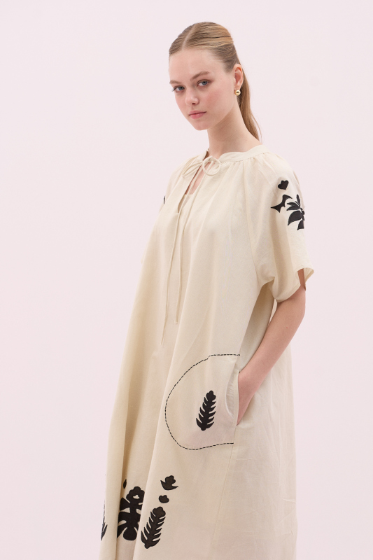 Bağlama Detaylı Nakışlı Midi Boy Elbise Bej- Siyah - 3