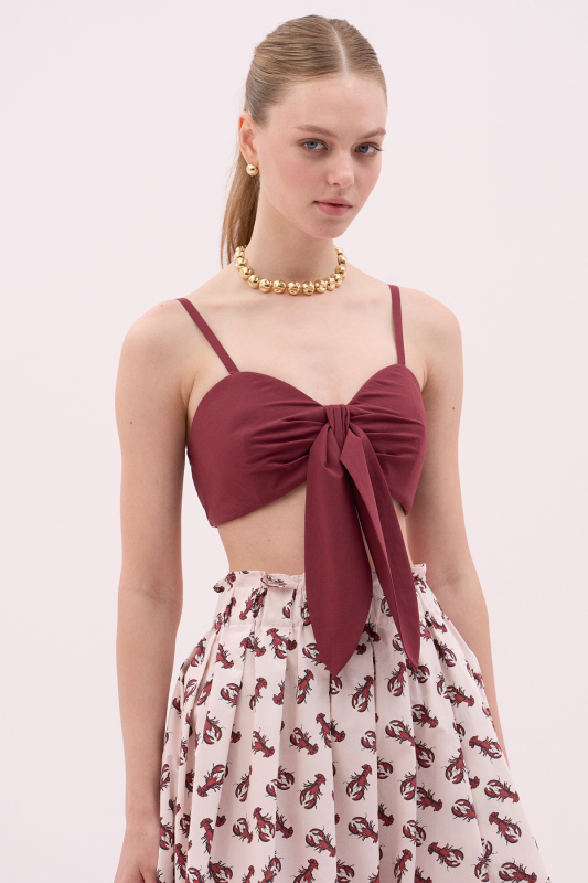 Bağlama Görünümlü Askılı Crop Bordo - Roman