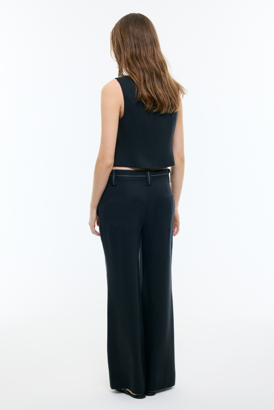 Bağlama Kemer Detaylı Geniş Paça Pantolon Lacivert - 2