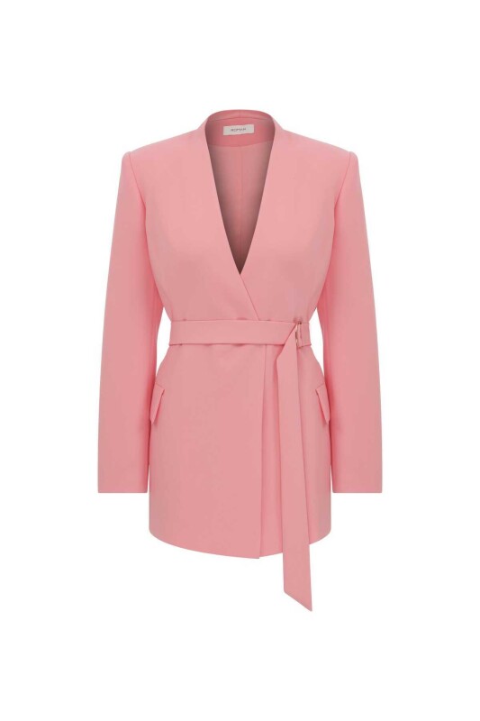  Bağlamalı Cut Out Detaylı Kruvaze Kadın Ceket Pembe - 4