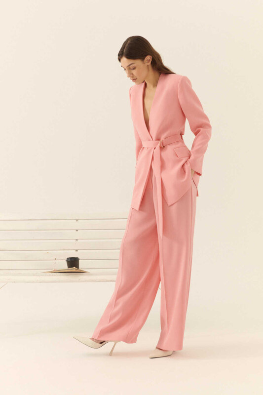  Bağlamalı Cut Out Detaylı Kruvaze Kadın Ceket Pembe - 3
