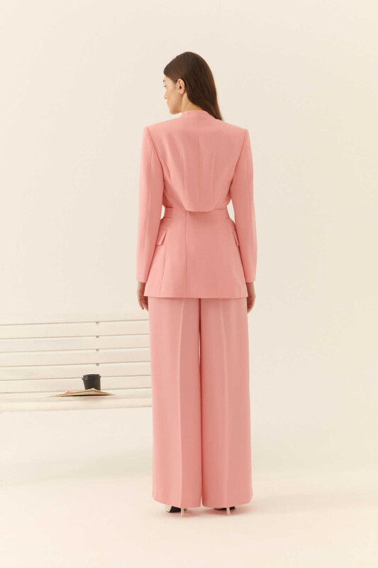  Bağlamalı Cut Out Detaylı Kruvaze Kadın Ceket Pembe - 2